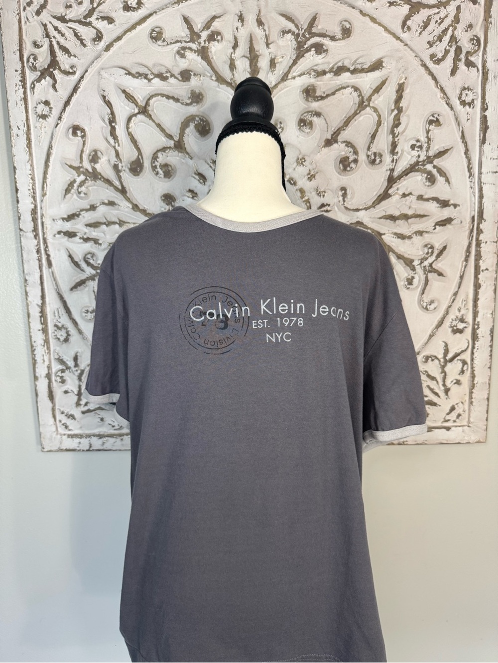 Calvin Klein Jeans Gray Logo Ringer Tee Shirt XL Casual Short Sleeve